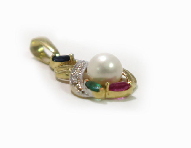 Pendentif Pendentif vintage en or jaune 18 carats, perles et pierres précieuses 58 Facettes