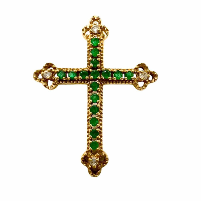 Pendentif croix contemporain en or avec diamants et émeraudes