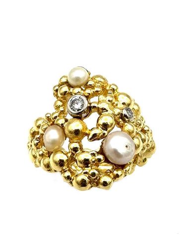 Bague 51 GILBERT ALBERT. Bague or jaune 18K, perles et diamants 58 Facettes