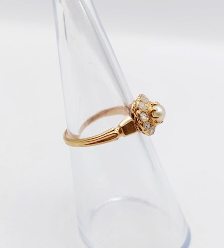 Bague 48.5 Bague marguerite antique or rose 18k perle et diamants taille roses (circa 1900) 58 Facettes A06176