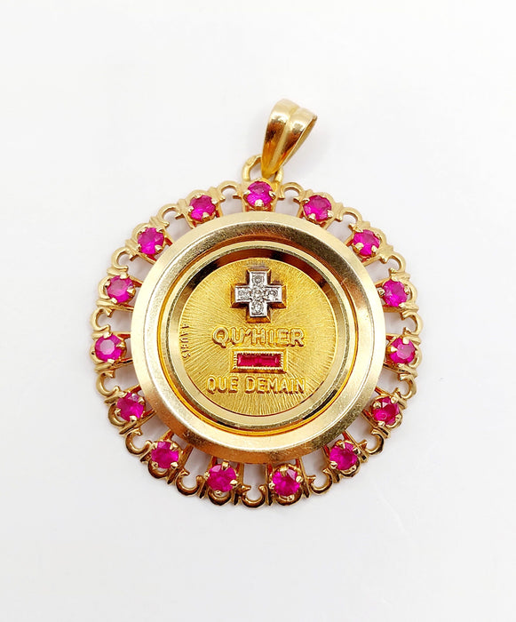 XXL Pendentif médaille d'amour Augis 33 mm or jaune diamant rubis hier demain