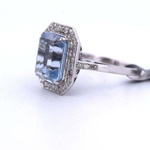 Bague 55 BAGUE EN OR BLANC 18 KT - AIGUE-MARINE ET DIAMANTS - ART DÉCO' 58 Facettes