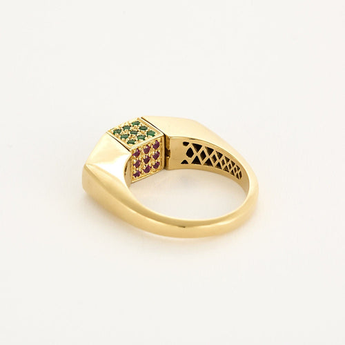 Bague 62 Bague en or jaune et centre pivotant serti de diamants, rubis, émeraudes et saphirs 58 Facettes