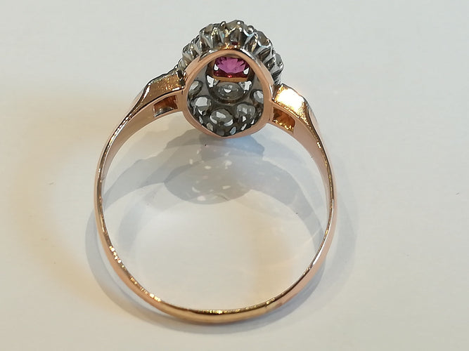 Bague 54.5 Bague Marquise ancienne or rose, platine, rubis, diamants 58 Facettes