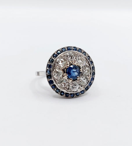 Bague 51 Bague cible art déco en platine, saphir et diamants taille ancienne 58 Facettes A06489