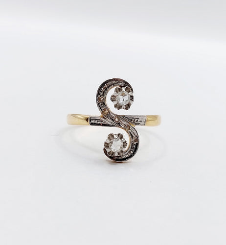 Bague 58.5 Bague marquise antique toi et moi en or 18k et platine, diamants taille roses 58 Facettes A06514