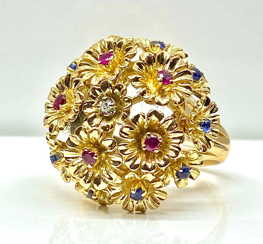 Bague 53 Bague - Bague multifleurs en or jaune et saphirs, rubis, diamants 58 Facettes AB671