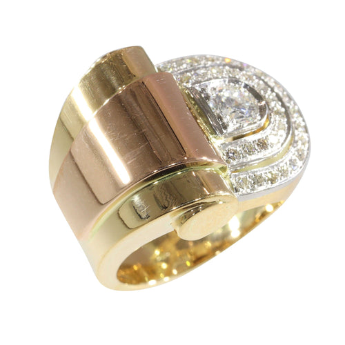 Bague 54 Beauté architecturale : bague vintage des années 1950 en or jaune, rouge et platine avec diamants 58 Facettes 24275-0277