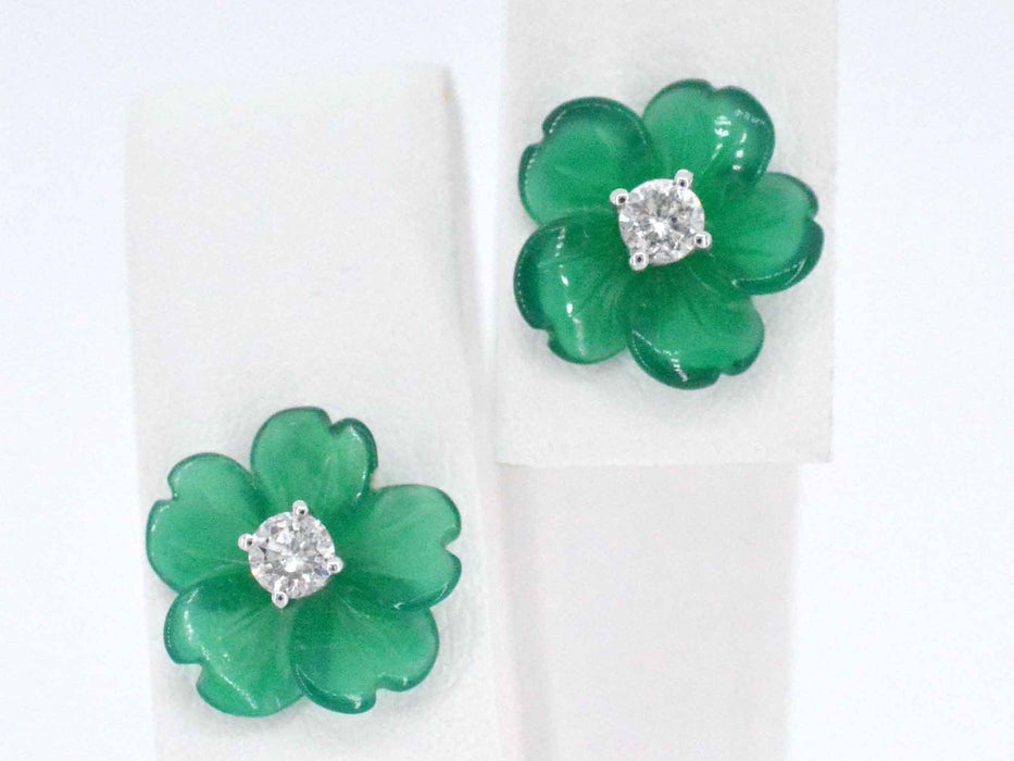 Boucles d'oreilles en or blanc 0,18 carat avec fleur précieuse verte et gros diamants