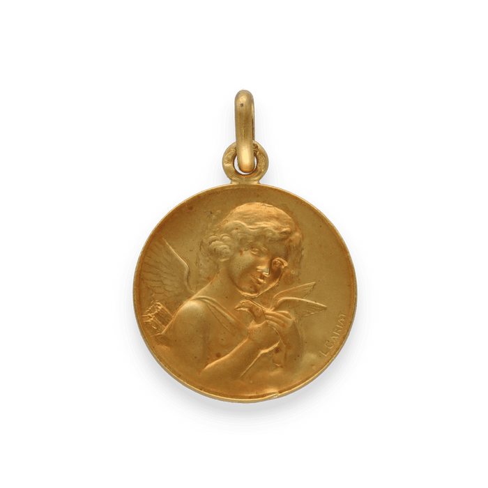 Pendentif BOUCHERON - Médaille ange amour à la colombe en or jaune massif 58 Facettes