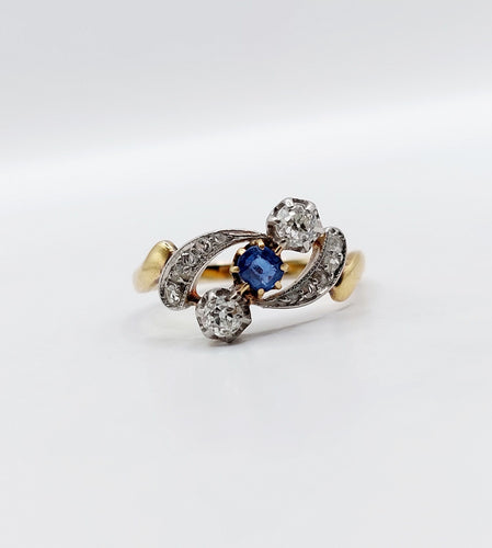 Bague 56 Bague antique diamants taille ancienne et saphir en or 18k et platine 58 Facettes A06535