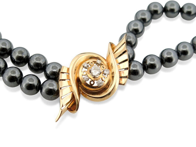 Collier collier double rangs perles hematites noires or jaune 18k & diamants 0.67ct 58 Facettes 272071