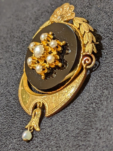 Pendentif Broche Pendentif en or, onyx et perles - XIXe 58 Facettes