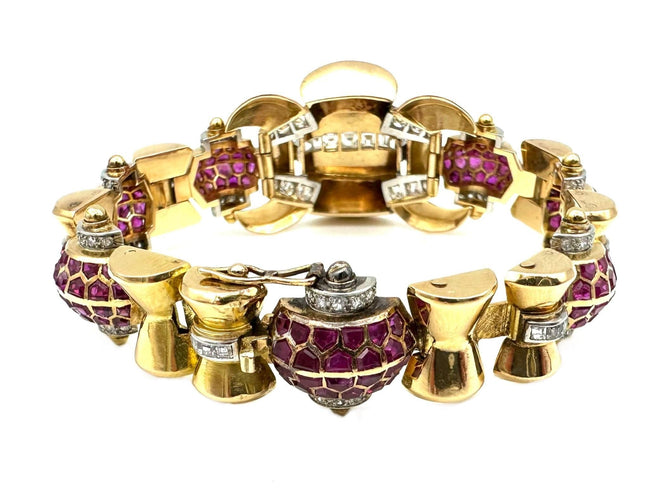 Bracelet Bracelet Art-Déco or jaune, platine, rubis et diamants 58 Facettes