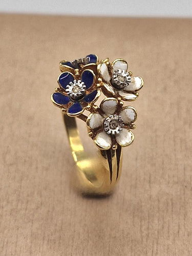 Bague 54 Bague vintage en or jaune et émail, motif bouquet de fleurs 58 Facettes