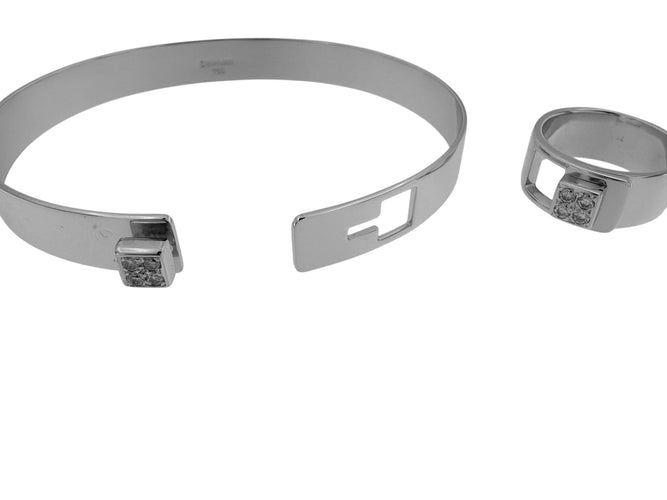 Bracelet 51 DINH VAN - Demi parure Bracelet et Bague Cube Lock or blanc et diamants 58 Facettes