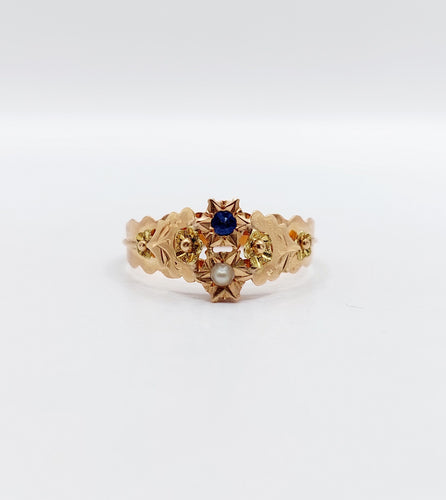Bague 59 Bague toi et moi antique en or rose 18k perle et pierre bleue 58 Facettes A06505