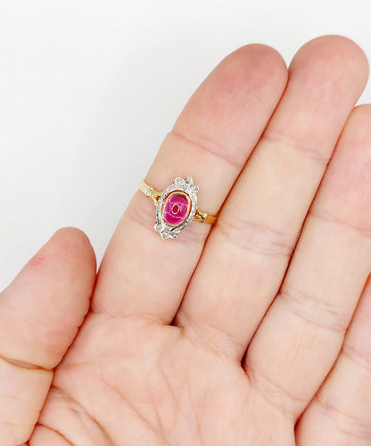 Bague marquise style Art Nouveau or jaune, cabochon de rubis synthétique et diamants taille rose 58 Facettes A05885