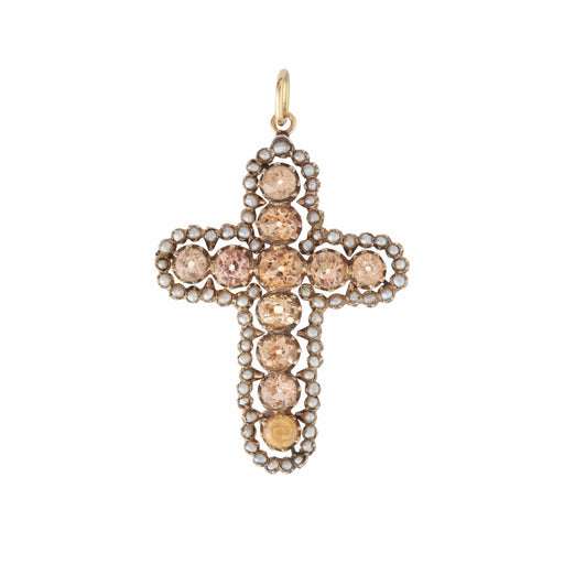 Pendant Old Topaz Cross Pendant, Pearls, Silver, Rose Gold 58 Facettes C158