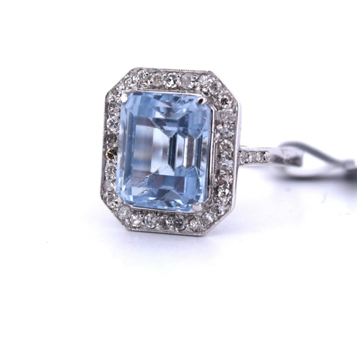Bague 55 BAGUE EN OR BLANC 18 KT - AIGUE-MARINE ET DIAMANTS - ART DÉCO' 58 Facettes