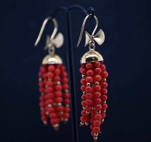 Boucles D'oreilles Anciennes XIXe Corail Or 18 Carats - Dormeuses Pendantes - Rare