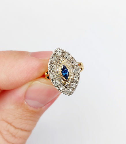 Bague 46.5 Bague marquise or rose et argent, saphir et diamants taille ancienne (circa 1900) 58 Facettes A03790