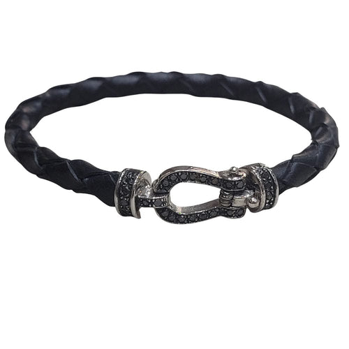 Bracelet Bracelet en cuir noir avec pièce en or blanc et diamants noirs 58 Facettes T414