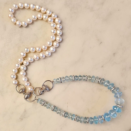 Collier Sautoir en perles et topazes bleues naturelles 58 Facettes CO50851