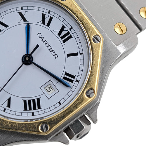 Montre Cartier Santos Round Octagon Date 2966 Large Octogonale Gold Stainless Steel 58 Facettes