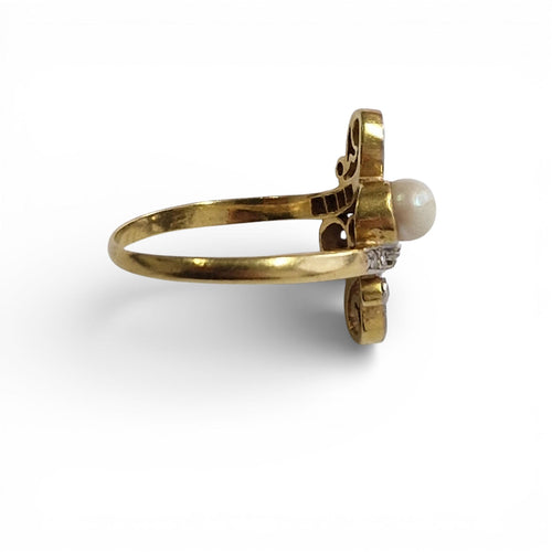 Bague 53 Bague Art Nouveau perle et diamants taille ancienne en or jaune 18k 58 Facettes