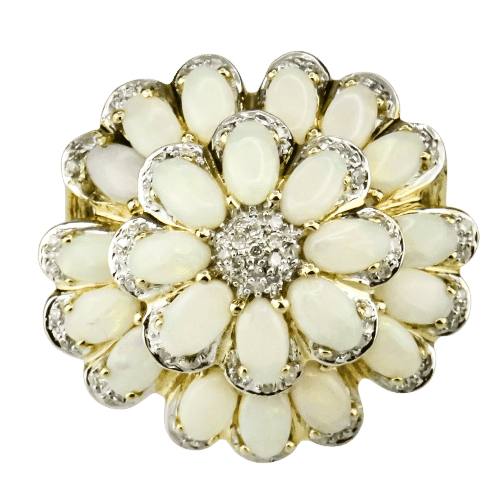 Beeindruckender 14 Karat Blüten-Goldring mit leuchtenden Opalen