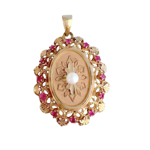 Pendentif Pendentif médaillon vintage or rose, perle de culture et rubis synthétiques 58 Facettes 1753