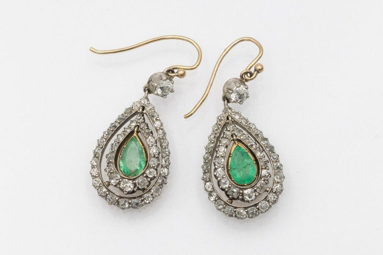 Boucles d'oreilles Antique yellow Gold and Silver Earrings with Emeralds and Diamonds 58 Facettes 11464