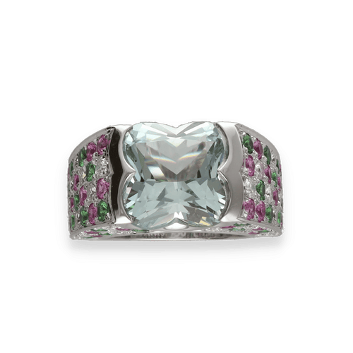 Bague 46,5 Bague Mauboussin Cocktail – Or Gris 18k – Aigue-Marine, Diamants, Émeraudes & Rubis – Taille 46,5 58 Facettes FB11039
