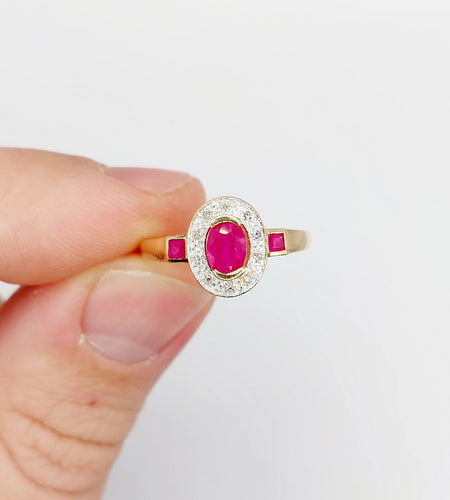 Bague 55 Bague pompadour vintage or jaune, rubis, diamants et de rubis carrés 58 Facettes A05077