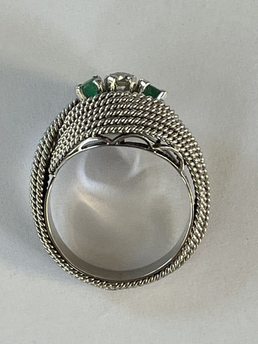 Bague Fils d'Or Jaune Torsadés Diamant Emeraudes