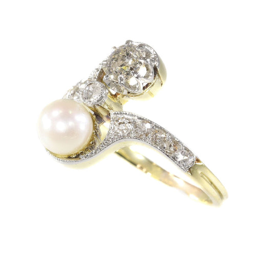 Bague 58 Belle Epoque diamond and pearl engagement ring model toi et moi 58 Facettes 20155-0500