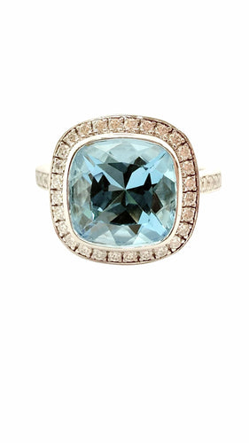 Bague en or blanc topaze bleue et diamants