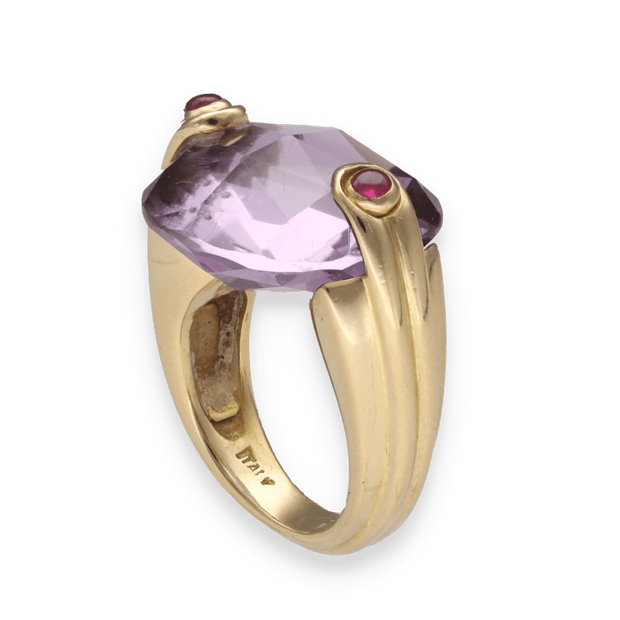 Bague 47.5 Bague en or jaune massif avec une améthyste et rubis cabochons 58 Facettes