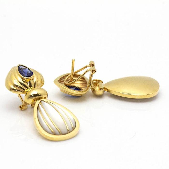 Earrings Mother of Pearl, sapphire, yellow gold