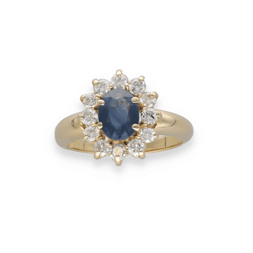 Bague 56 Bague entourage en or jaune 18K avec saphir Siam 1,50 ct et 0,60 ct de diamants H-SI – Taille 56 58 Facettes