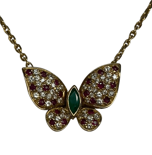 FRED - Collier vintage papillon or jaune, diamants, rubis, émeraude