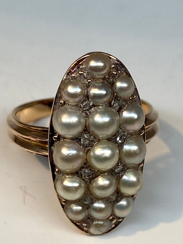 Bague marquise perles fines, diamants
