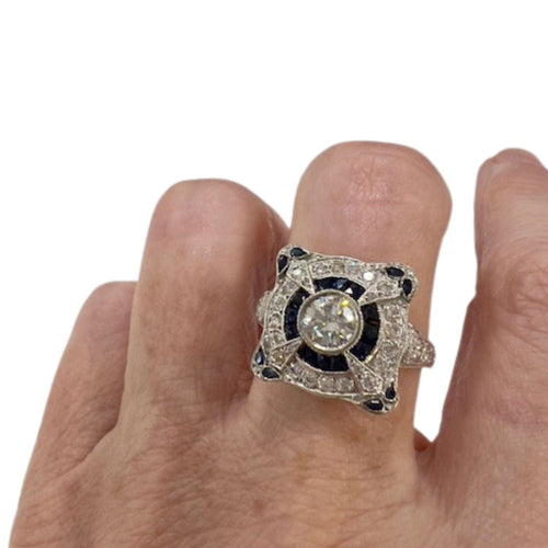 Bague 54.5 BAGUE EN PLATINE DE STYLE ART DÉCO AVEC DIAMANTS ET SAPHIRS 58 Facettes Q258B
