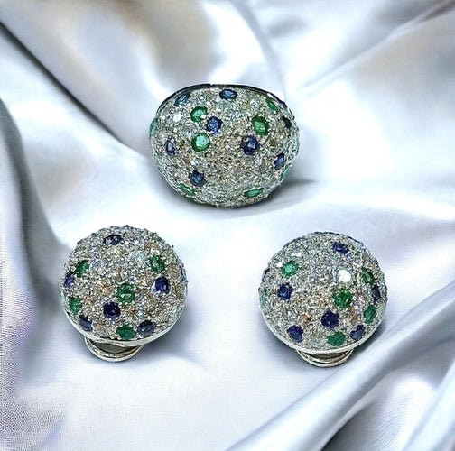 Bague 50 Bague et boucles d’oreilles en platine , diamants , saphirs , émeraudes 58 Facettes