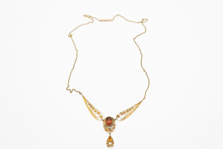 Collier Collier Art Nouveau ajouré filigrane en or jaune 18k, citrine et perle 58 Facettes 11785