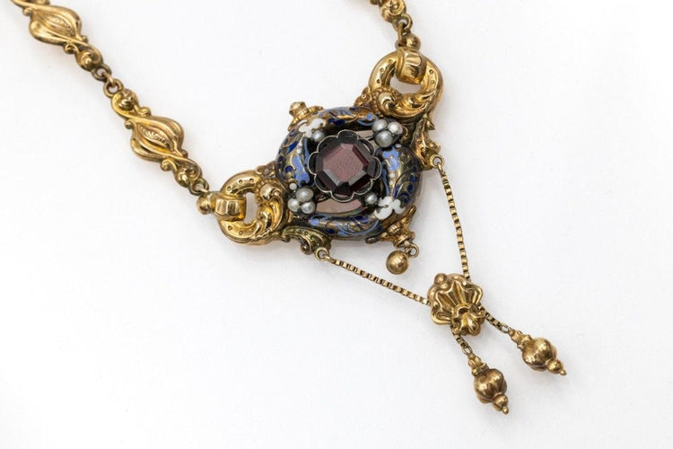 Collier Collier Biedermeier avec grenat, perles et émail en or 14k 58 Facettes 11724