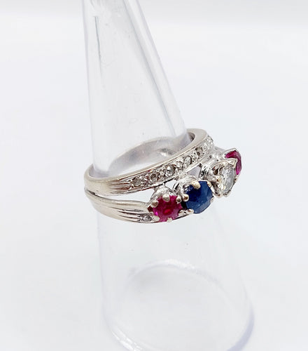 Bague 51 Bague jarretière art déco or blanc diamant, saphir et rubis 58 Facettes A03240