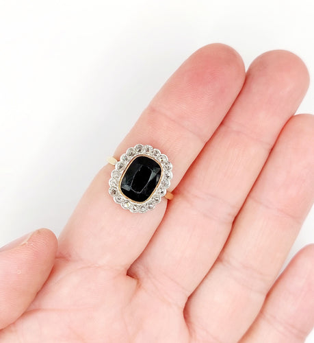 Bague pompadour art deco or 18k pierre bleue et diamant taille rose (circa 1900)