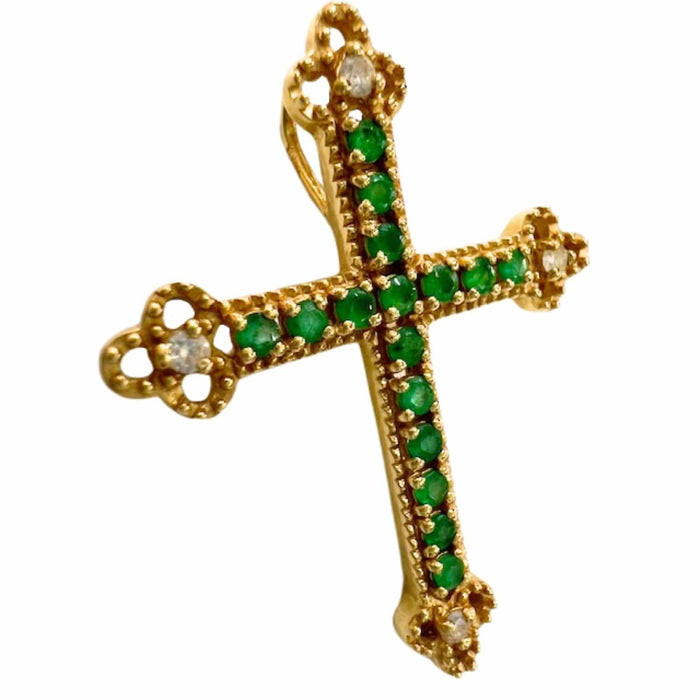 Pendentif croix contemporain en or avec diamants et émeraudes